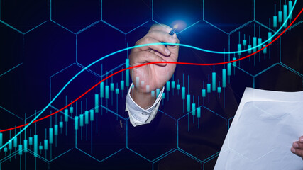 Businessman point virtual interface panel of global logistics network distribution and transportation, Smart logistics, Innovation future of transport on large warehouse center background