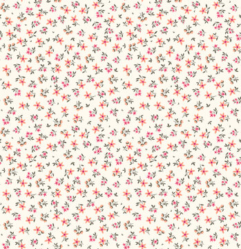 Cute floral pattern in the small flowers. Seamless vector texture. Elegant template for fashion prints. Printing with small pink and coral flowers. White background.