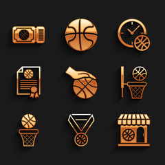 Set Hand with basketball ball, Basketball medal, Sports shop, Certificate award, Clock and game ticket icon. Vector