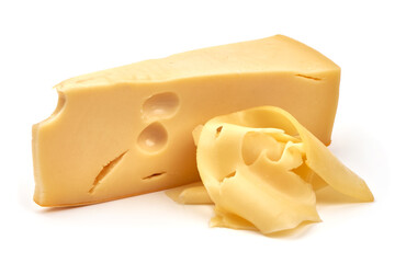Emmental cheese, Swiss cheese, isolated on white background.