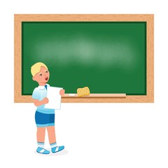 The student stands at the blackboard with a sheet of paper. Vector. Cartoon style.