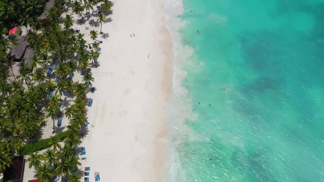 Playa del Gato beach resort area in Sanoa Island Dominican republic, Aerial top view flyover shot