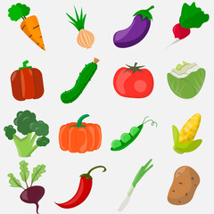 Drawings of vegetables, food icons, set of 16 pieces, vector collection.