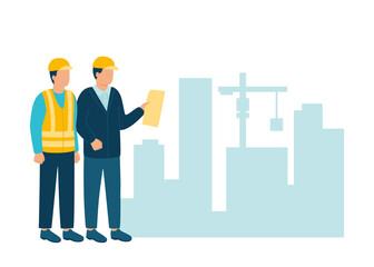 Worker contractor, builder communicate with build industry architect in helmet discuss new project. Construction workers and engineers working architecture and real estate. Contact on building. Vector