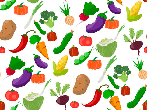 Pattern, seamless background with images of vegetables such as carrots, potatoes, cabbage, tomatoes, corn and others.
