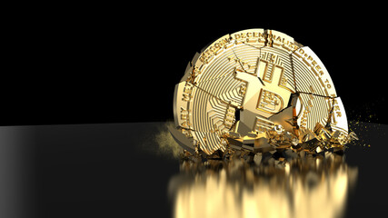 Disintegration of a BTC bitcoin token. Cryptocurrency collapse related conceptual 3D rendering	
