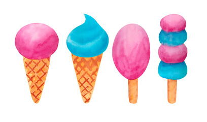 A set of frozen desserts. Ice cream cone. Ice cream on a stick. Watercolor illustrations.