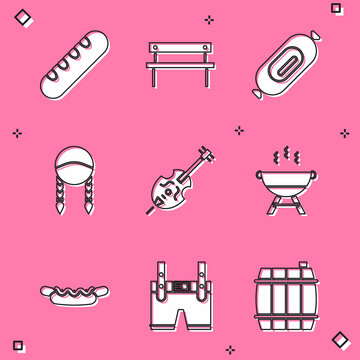 Set French baguette bread, Bench, Salami sausage, Braid, Violin, Barbecue grill, Hotdog sandwich and Lederhosen icon. Vector