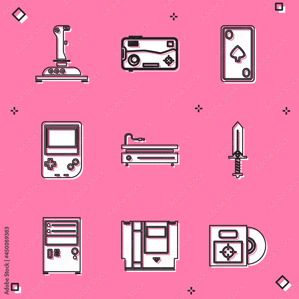 Wall mural Set Joystick for arcade machine, Mobile and playing game, Playing card with diamonds, Portable video console, Video, Sword, Computer and Cartridge icon. Vector