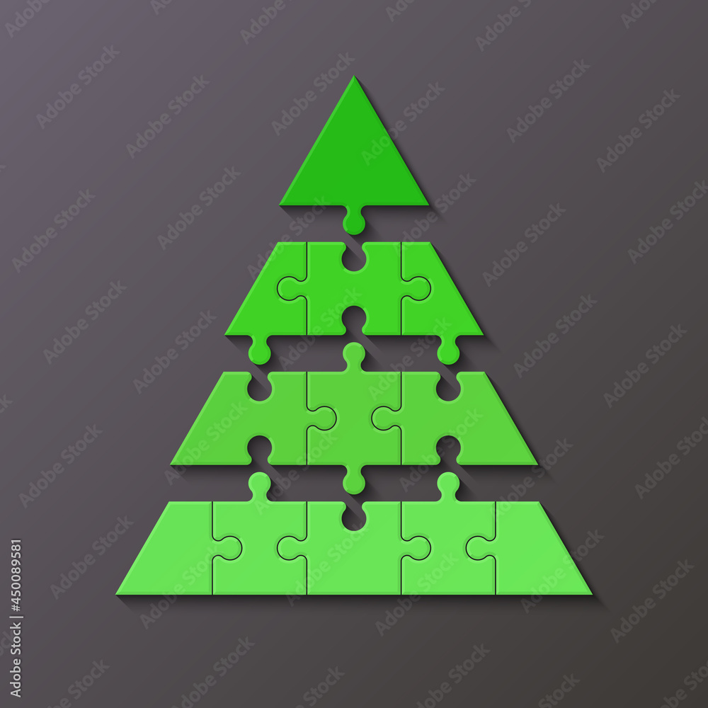 Poster Four levels color pyramid. Puzzle presentation infographic template with explanatory text field for business statistics illustration. Four stages triangle puzzle piece shape. puzzle infographic