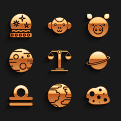 Obraz premium Set Libra zodiac, Planet Mercury, Asteroid, Saturn, Mars, Pig and Magic ball icon. Vector