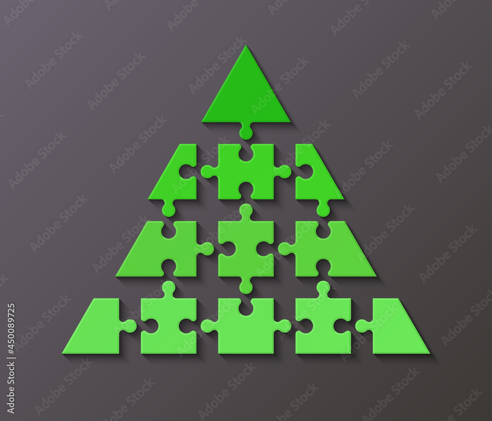 Poster Four levels color pyramid. Puzzle presentation infographic template with explanatory text field for business statistics illustration. Four stages triangle puzzle piece shape. puzzle infographic