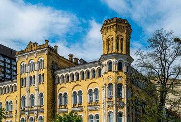 Fototapeta na wymiar Old dilapidated building in the neo-gothic style in downtown Kiev