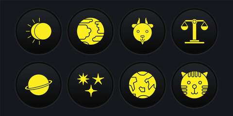Set Planet Saturn, Libra zodiac, Falling star, Earth, Aries, Mercury, Tiger and Eclipse of the sun icon. Vector
