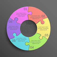Puzzle six piece business presentation pictogram. Circle infograph. 6 Step puzzle round process diagram. Section compare banner. Simple 6 piece puzzle wallpaper template. Vector banner presentation