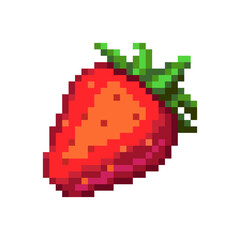 8 bit Pixel strawberry image. Fruit in Vector illustration of cross stitch. Icon for game assets.