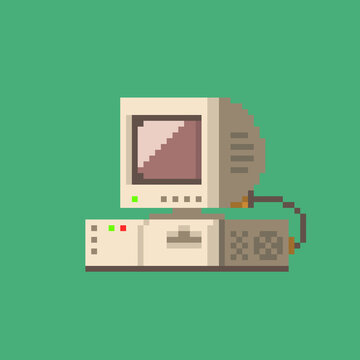 Pixel Personal computer vintage image. Vector illustration of cross stitch. PC classic Icon for game assets. desktop computer