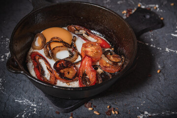 Cast-iron skillet: eggs, tomatoes and fried meat