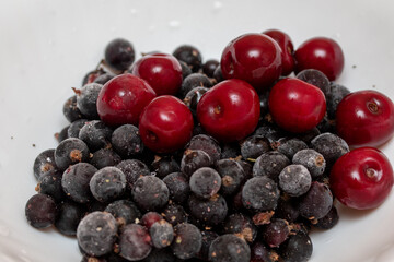 Frozen currants and cherries, close-up.