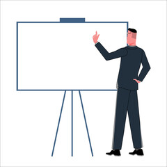 A businessman in a business suit standing next to an empty whiteboard. Template for inscriptions. Template for inscriptions. Flat vector illustration.