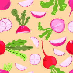 Seamless pattern of radish, half, slices. Flat illustration.