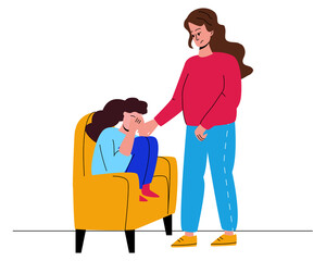 A little girl is sitting on a chair and crying, covering her face with her hands. A woman calms a little touched girl. Support of parents, elders, relatives. Vector illustration in a flat style