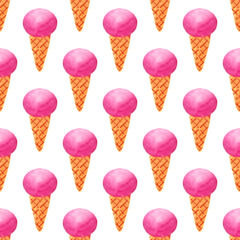 Seamless pattern with frozen desserts. A cone with a pink ice cream ball. Watercolor illustration on a white background.