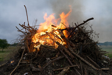 Midsummer traditional bonfire on tiny island Abruka in Baltic Sea. Festive eve of the Summer Solstice. Orange flames over high heap of firewood.