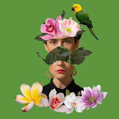Female head with flowers and parrot on abstract color summer background. Copyspace to text. Modern design. Art pop collage