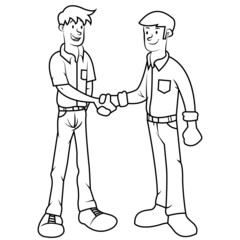 Two men shaking hands black and white cartoon illustration. Make a deal. Do business. Do transaction. Work colleague.  