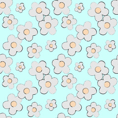 white daisy vector doodle seamless pattern blue background