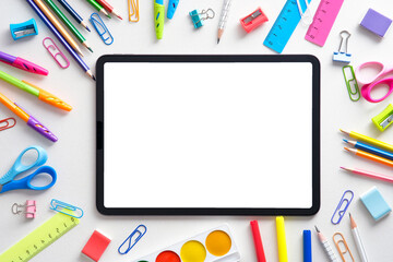 Digital tablet with blank white screen and frame of colorful school supplies on white background. Flat lay, top view, copy space. Online school, distanse e-learning concept.