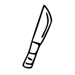 A camping knife drawn by hand with a black outline. A self-defense object, a kitchen knife. Doodle-style knife icon