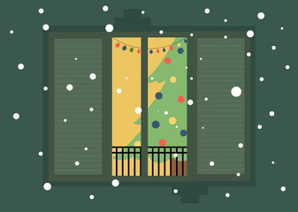 Christmas view, Christmas tree in the window, view of the window. A window in a house with a Christmas tree in the room. New Year's card