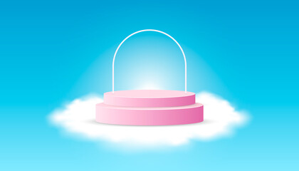 Pink Product Podium with cloud on blue sky. Suitable For Web Banners, Diagrams, Infographics, Book Illustration, Social Media, and Other Graphic Assets