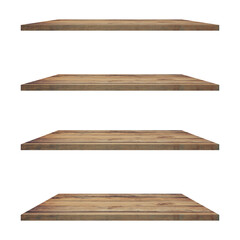 4 Wood shelves table isolated on white background and display montage for product.