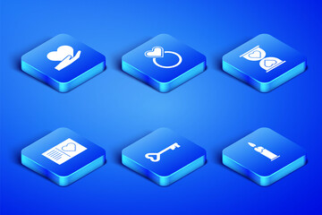 Set Burning candle, Heart hand, Key heart shape, Valentines day flyer with, Wedding rings and the center hourglass icon. Vector