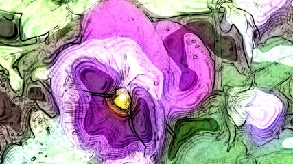 Stylization for color outline drawing. Abstract image of a violet-pink pansy flower growing on a flower bed among green leaves and grass.