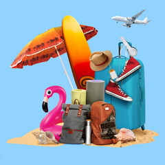 Summer suitcase and colorful traveler symbols. Copyspace to text. Modern design. Contemporary pop artwork, collage.