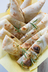 Italian flat bread focaccia sliced for lunch