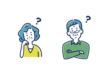 頬杖をついて考えるシニア女性と腕組みをして考えるシニア男性のイラスト素材