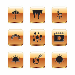 Set Umbrella, Sunrise, Comet falling down fast, Water drop, Rainbow, Rooster weather vane, and Icicle icon. Vector