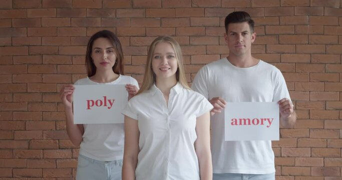 Handsome man and two beautiful women on brick background. Polyamory concept