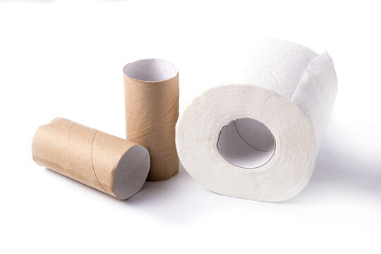 A white roll of toilet paper and empty paper tubes on a white background.