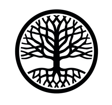 Round Tree of Life with roots,branches.Vector black circle outline silhouette drawing.Family oak logo icon sign design.Tattoo.Print decor.Vinyl wall sticker decal.DIY.Cut file.Plotter laser cutting.