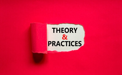 Theory and practice symbol. Words 'Theory and practice' appearing behind torn purple paper. Beautiful purple background. Business, theory and practice concept, copy space.
