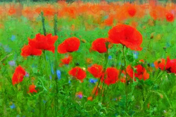 Acryl painting of poppy field in summer time