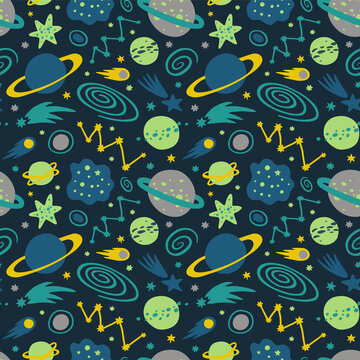 Vector space seamless pattern with hand drawn cosmic elements: star, planet, constellations, comets, galaxies. Flat kids vector illustration on dark background.
