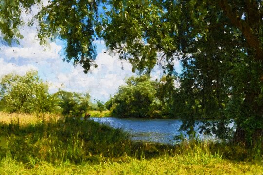 Acryl paintings of the Havel river landscape in summer. Land Brandenburg