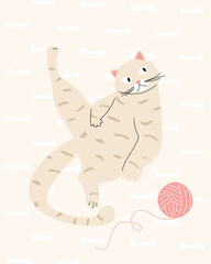 A beige cat in a spot lies lazily on a beige background with bones and a ball of thread. Vector illustration. Animals, wallpaper, print.